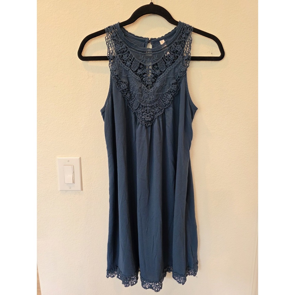 Y2K Xhilaration Boho Mini Dress Sz M Teal Blue CrochetLace Festival Forest Fairy